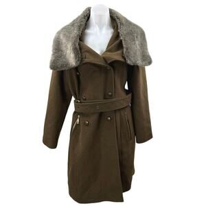 Vince Camuto Olive Green Wool Faux Fur Collar Long Sleeve Trench Coat Jacket L